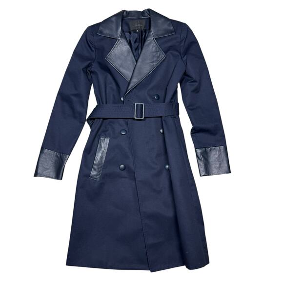Misha Nonoo Navy Royal Lambskin Leather Trench Coat Size 0 - Picture 13 of 15